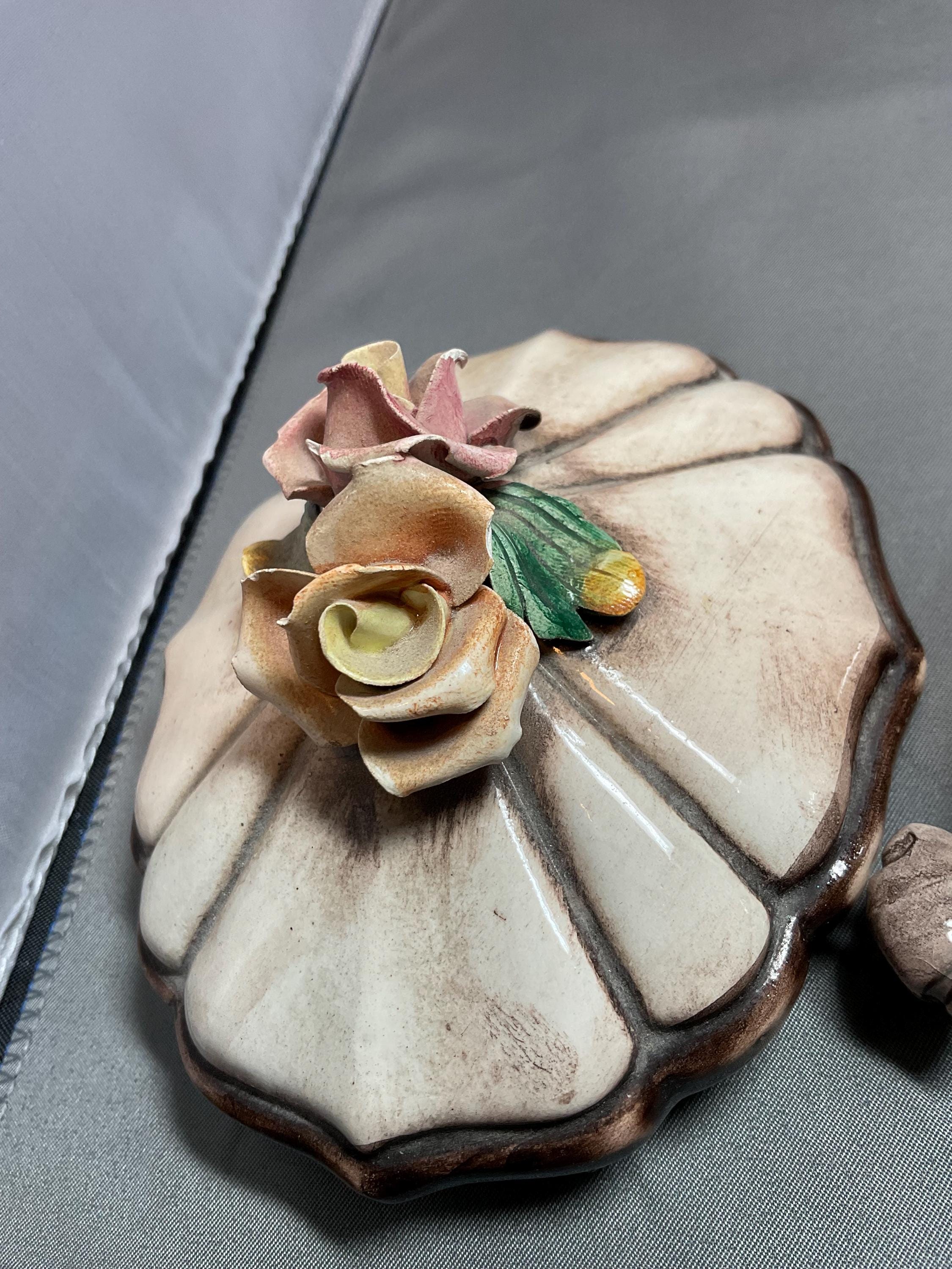 Capodimonte Ashtray & Covered Bowl: Italian Roses Display (chipped