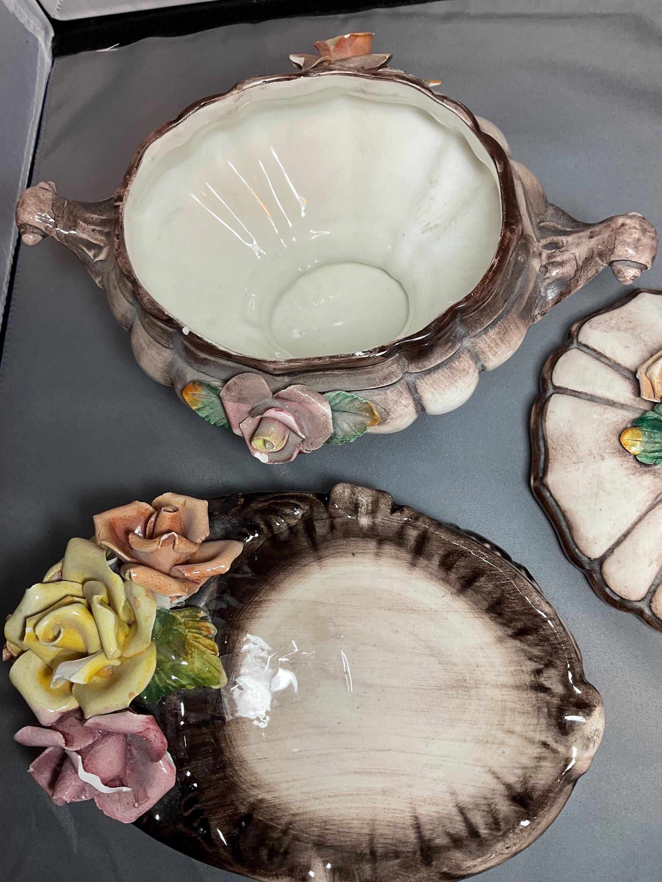 Capodimonte Ashtray & Covered Bowl: Italian Roses Display (chipped