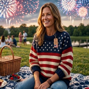 May include: A long-sleeved knit sweater featuring a horizontal American flag pattern with red, white, and blue stripes and white stars on a blue field. A rectangular brown paper tag with a small American flag icon is attached to the neckline.
