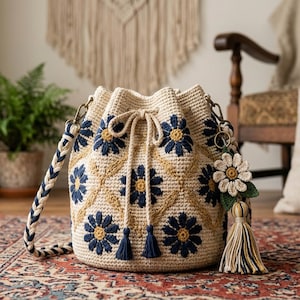 Op de afbeelding: Een beige gehaakte bucket bag met een donkerblauw en geel madeliefjespatroon, een gevlochten schouderband, een trekkoordsluiting met donkerblauwe kwastjes en een afneembare madeliefjesbedel met een veelkleurige garenkwast aan de zijkant.