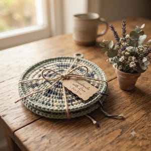 May include: A stack of round, crocheted coasters in shades of sage green, cream, and dark blue, tied together with brown twine. A small, light brown paper tag is attached to the twine with the text "Handmade - with Love - For You" printed on it.