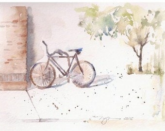 Sketch of Bicycle Resting, Print of watercolor 6"x8.5" on 8" x 10" paper