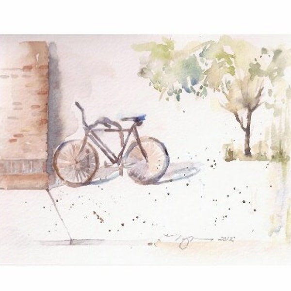 Sketch of Bicycle Resting, Print of watercolor 6"x8.5" on 8" x 10" paper