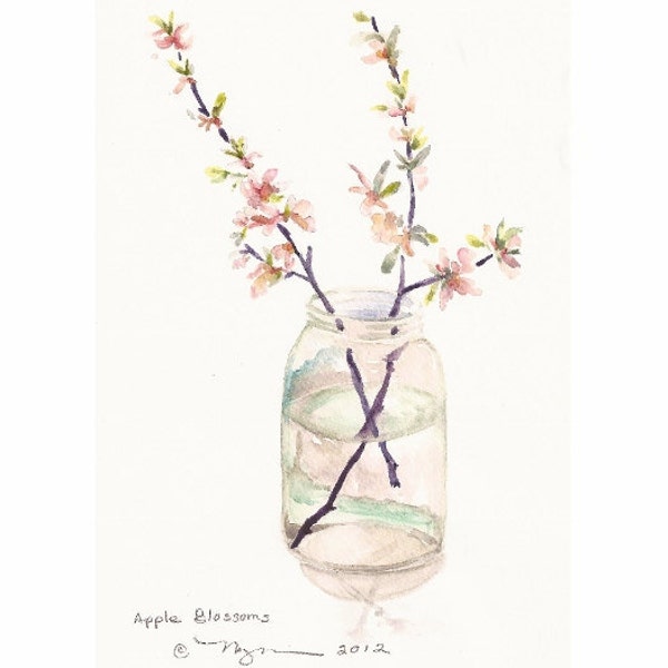 Apple Blossoms Print of watercolor , 6"x9" on 8"x10" paper