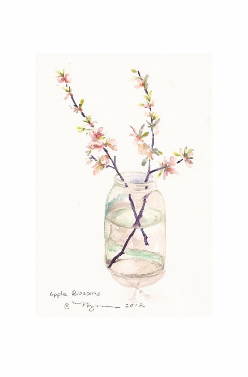 Apple Blossoms Print of watercolor , 6x9 on 8x10 paper image 1