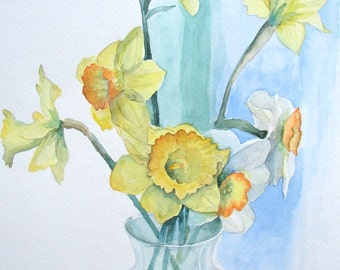 Daffodil watercolor, print, yellow and green, 9" x 11"