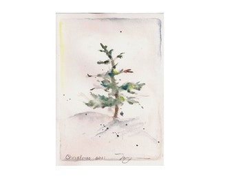 Fir in Snow II, holiday watercolor print 4"x6.5", on 8" x 10" paper