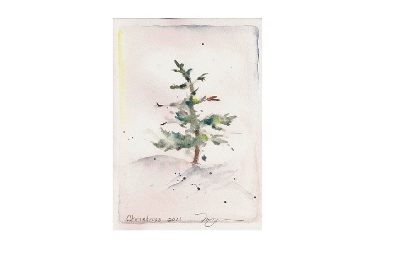 Fir in Snow II, holiday watercolor print 4x6.5, on 8 x 10 paper image 1