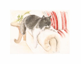 Kasumi on the Couch, Print of Cat Watercolor Painting, 10"x8"