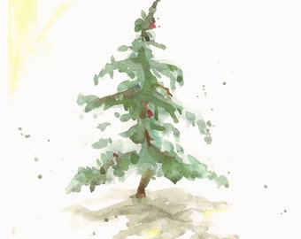 Fir in Snow III, holiday watercolor print, 8" x 10"