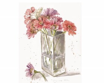 Dahlias Bouquet, Print of Watercolor, 8" x 11"