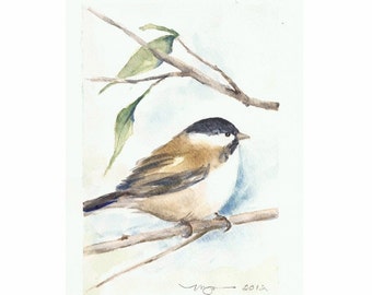 Chickadee, Print of Watercolor Painting, 5"x7" on larger paper