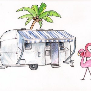 Airstream with Flamingoes, Print of Colored Pencil Drawing 8"x10"