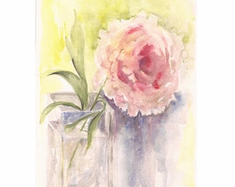 Pink Peony II, Print of Watercolor 8"x10"