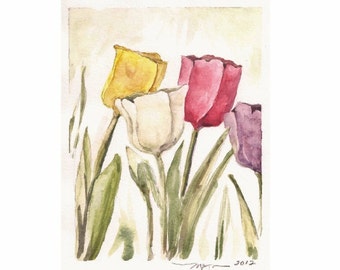 Just a Few, a 4"x5" print of a watercolor with a few Tulips, printed on 8"x10" paper