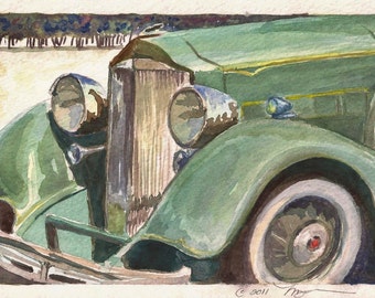 Antique Packard in Green, Print of Watercolor Painting Green Automobile, 6" x 9"