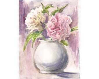 Peonies Pink and White, Print of Watercolor 8"x10"