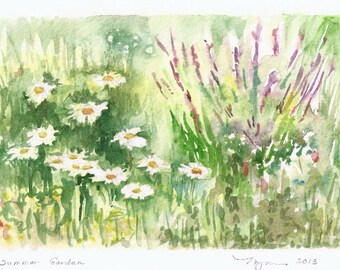 "Summer Garden" Watercolor & Colored Pencil Illustration Art Print 4x6 