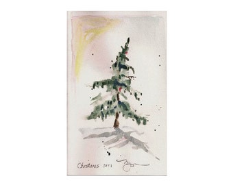 Small Fir in Snow, holiday 2011 watercolor print 4.5"x6.5", on 8" x 10" paper