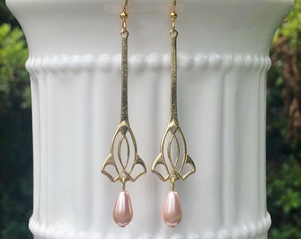 gold and pearl art nouveau earrings, art nouveau jewelry, minimalist gold brass earrings, bohemian bridal earrings, vintage style jewelry