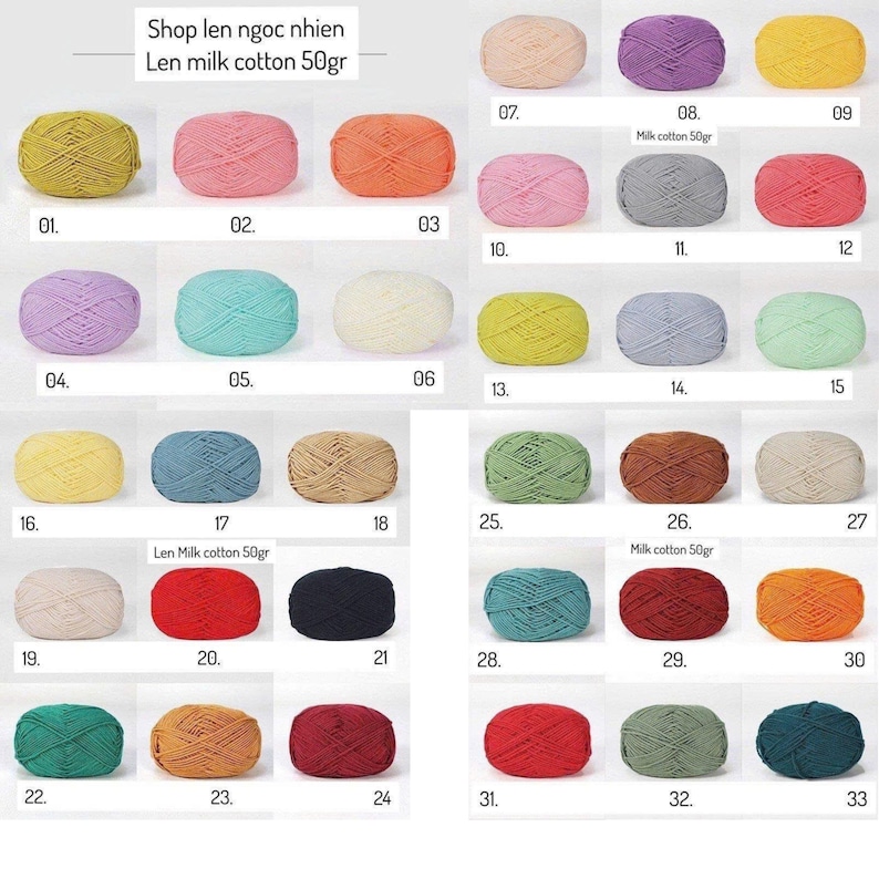 May include: A grid of 33 skeins of Len milk cotton yarn, each 50 grams, in various colors. The color range includes shades of yellow, pink, orange, purple, green, blue, brown, and red. The text "Shop len ngoc nhien" and "Len milk cotton 50gr" are visible.
