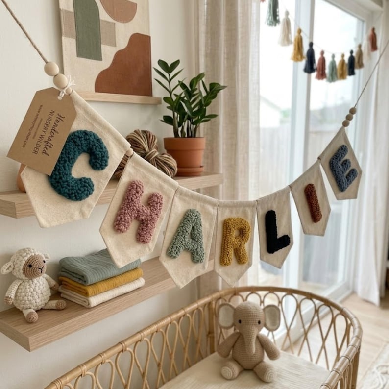 May include: A handcrafted nursery banner spelling "CHARLIE" in colorful, textured letters. The banner is made of off-white fabric and hangs above a wicker crib. A tag reads "Handcrafted Nursery Wilder."