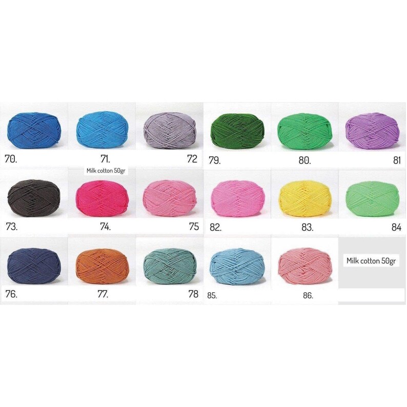 May include: A collection of colorful yarn balls, including shades of blue, green, purple, pink, yellow, brown, and orange. Each ball is labeled with a number. The text "Milk cotton 50gr" is also visible.