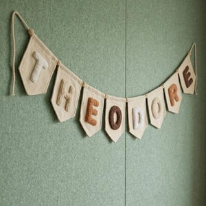 May include: A beige banner spelling "THEODORE" in textured letters. The letters are in various shades of brown and white, attached to individual pennant-shaped flags. The banner hangs against a light green wall, with a rope for hanging.