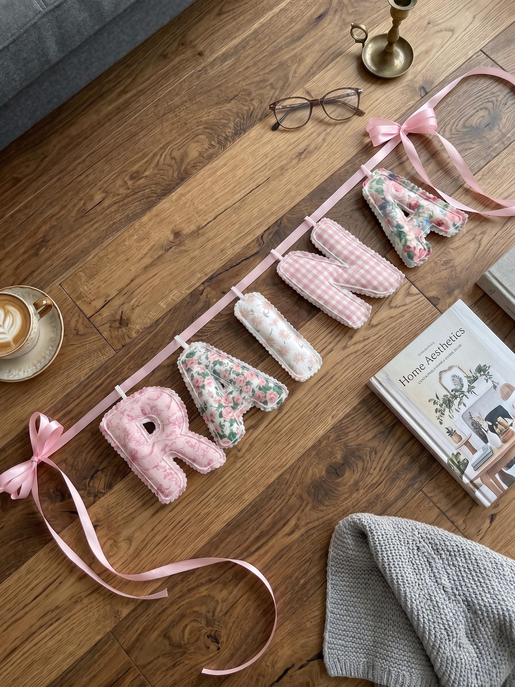 Personalized Floral and Gingham Name Sign, Custom Fabric Baby