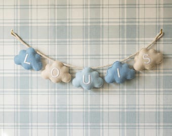Personalisierte Wolke Name Banner, gefüllte Filz Kinderzimmer Girlande, individuelles Babypartygeschenk