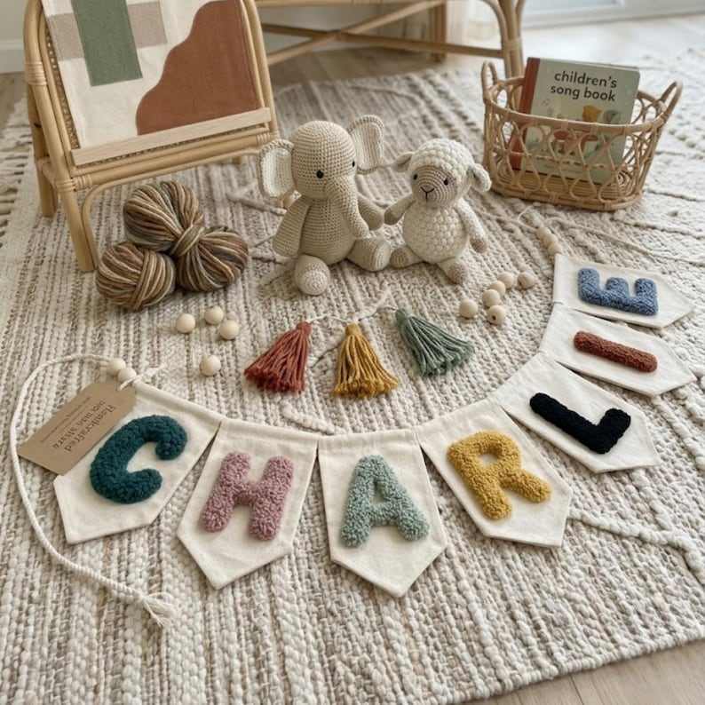 May include: A children's room decor scene featuring a banner spelling "CHARLIE" with colorful, textured letters.  Also present are crochet elephant and lamb toys, yarn balls, tassels, and a children's song book in a basket.