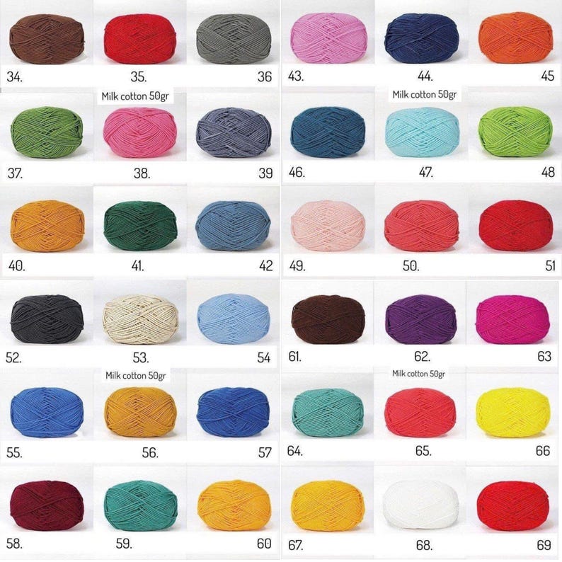 May include: A collection of colorful yarn balls in various shades, including brown, red, green, blue, pink, and yellow. Each ball is labeled with a number and some have the text "Milk cotton 50gr". Ideal for knitting and crochet projects.