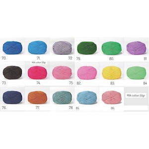 May include: A collection of colorful yarn balls, including shades of blue, green, purple, pink, yellow, brown, and orange. Each ball is labeled with a number. The text "Milk cotton 50gr" is also visible.