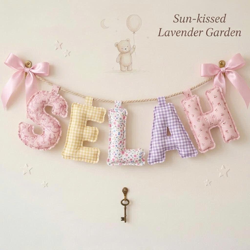 Personalized Floral and Gingham Name Sign, Custom Fabric Baby
