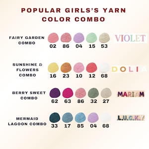 May include: An image showcasing popular yarn color combinations for girls. The text includes "Popular Girls's Yarn Color Combo". The image displays various yarn balls in different colors, including pink, yellow, purple, and blue, with names like "Fairy Garden" and "Mermaid Lagoon".