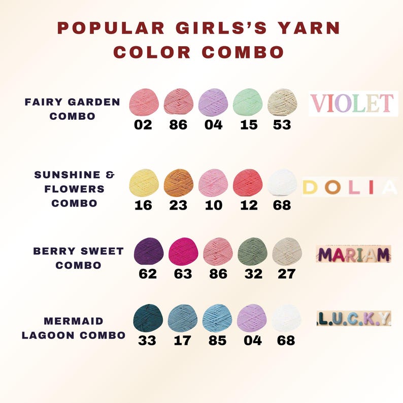 May include: An image showcasing popular yarn color combinations for girls. The text includes "Popular Girls's Yarn Color Combo". The image displays various yarn balls in different colors, including pink, yellow, purple, and blue, with names like "Fairy Garden" and "Mermaid Lagoon".
