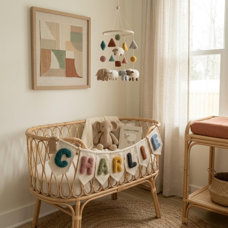 May include: A nursery scene featuring a woven rattan bassinet with a banner spelling "CHARLIE". A mobile with felt sheep and elephants hangs above. A framed abstract artwork and a changing table complete the room's decor.