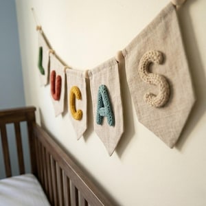 Personalized Knitted Name Banner, Custom Canvas Nursery Wall Decor, Boho Baby Boy Room Sign, Newborn Gift, Rustic Fabric Bunting