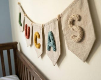 Personalized Knitted Name Banner, Custom Canvas Nursery Wall Decor, Boho Baby Boy Room Sign, Newborn Gift, Rustic Fabric Bunting