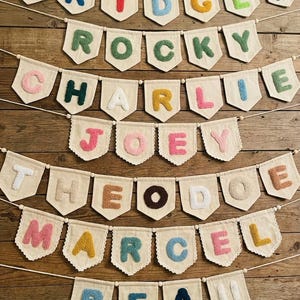 May include: A collection of personalized name banners with colorful, textured letters. Each banner features a different name, including "Bridger," "Rocky," "Charlie," "Joey," "Theo," "Marcel," and "Beau," displayed on off-white pennants with scalloped edges.