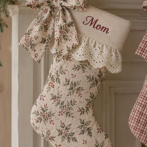 Personalized Christmas Stocking, Handmade Floral Stocking with Embroidered Name, Lace Cuff and Matching Bow