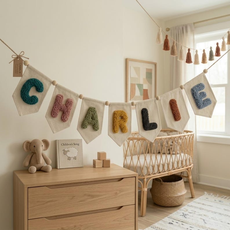 May include: A banner spelling "CHARLIE" hangs above a wooden dresser and a wicker crib. Each letter is a different color, sewn onto a cream-colored pennant. A stuffed elephant and a book are on the dresser.