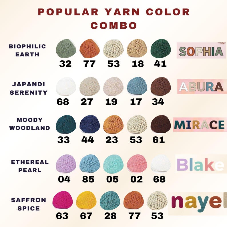 May include: A color chart of yarn balls, showcasing various color combinations. The chart includes names like "Biophilic Earth" and "Saffron Spice," with corresponding color numbers. The word "Sophia," "Abura," "Mirace," "Blake," and "naye" are also displayed.