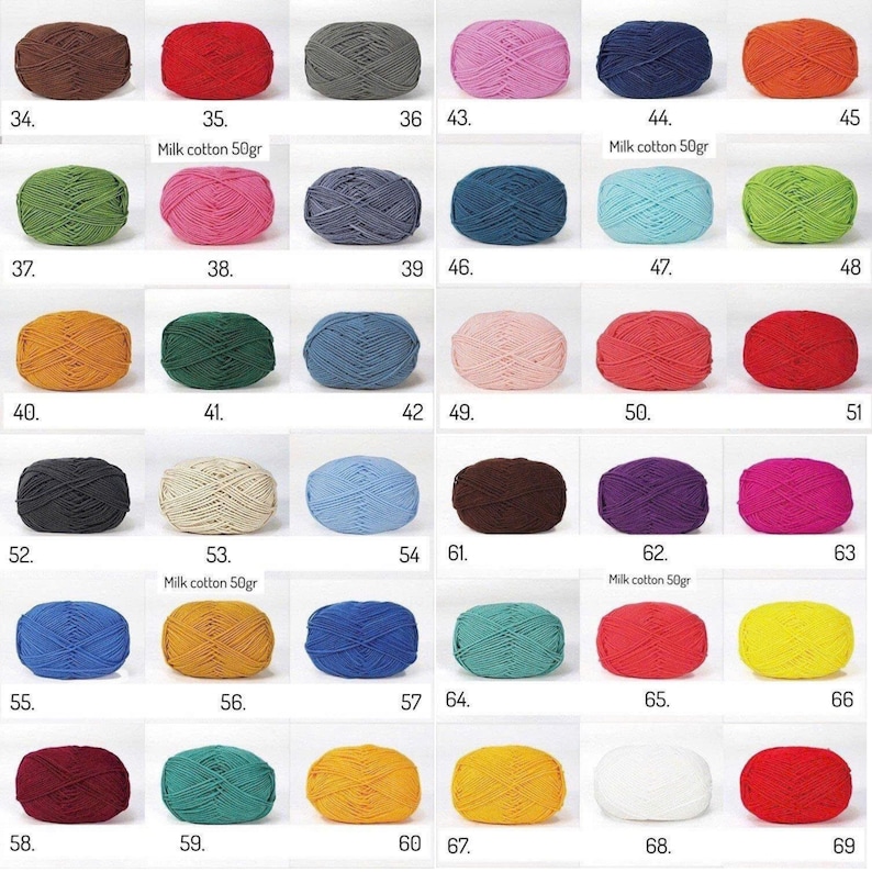 May include: A collection of colorful yarn balls in various shades, including brown, red, green, blue, pink, and yellow. Each ball is labeled with a number and some have the text "Milk cotton 50gr".
