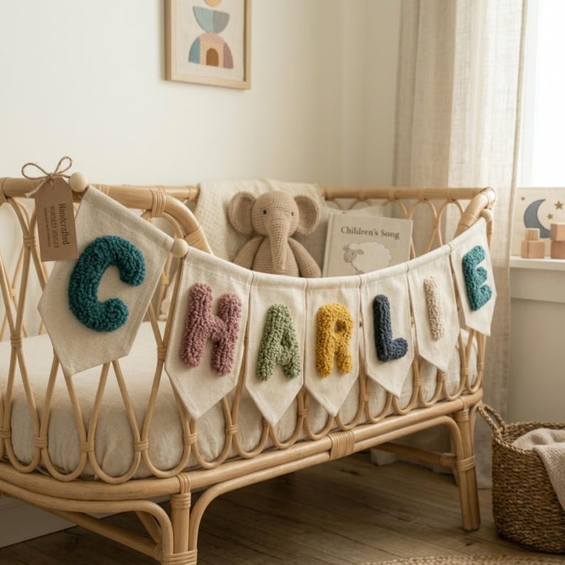 May include: A handcrafted banner spelling "CHARLIE" in colorful, textured letters hangs across a wicker crib. The letters are in shades of teal, pink, green, yellow, navy, and beige. A stuffed elephant and a children's book are inside the crib.