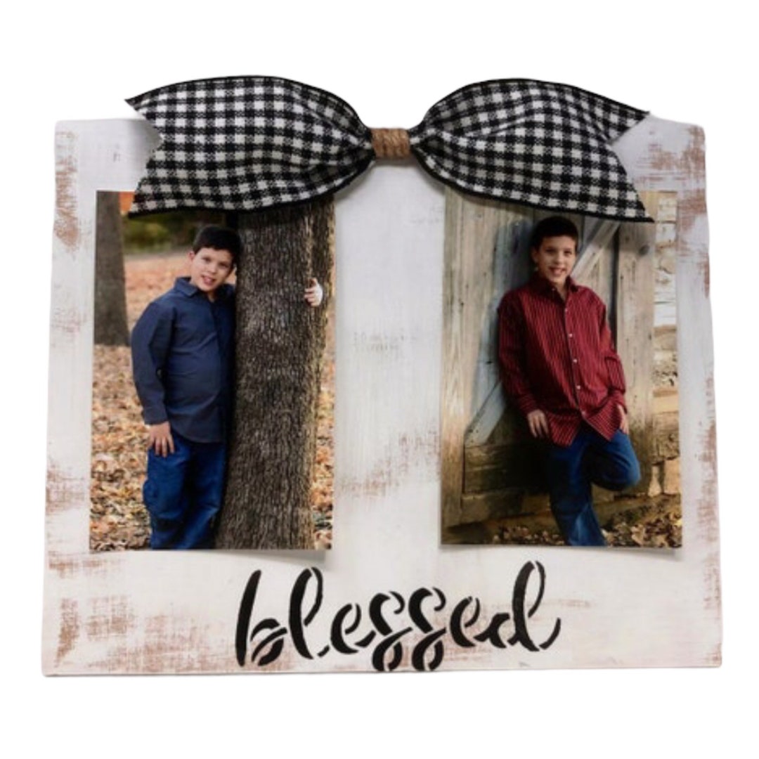Blessed Double Photo Clip Frame in Distressed White With Mini Buffalo ...