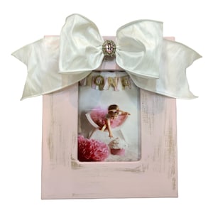 Distressed Soft Pink Frame with Silky White Jeweled Bow available in 4x4, 4x6, 5x7, or 8x10