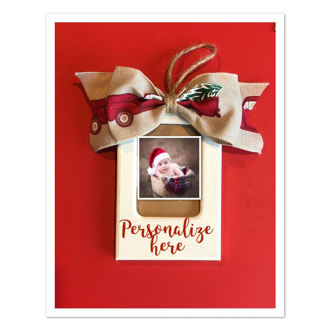 Christmas Photo Ornament in Ivory With Vintage Truck Print Bow Etsy