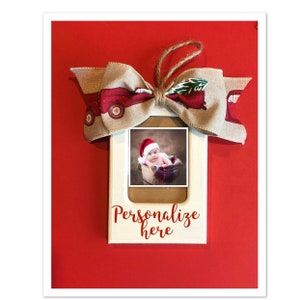 Christmas Photo Ornament in Ivory with Vintage Truck Print Bow and Free Shipping!