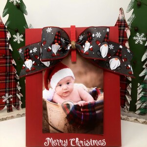 Hand Painted Merry Christmas Clip Frame in Red with Santa Gnome Bow made to hold a 4x6 or 5x7 Photo